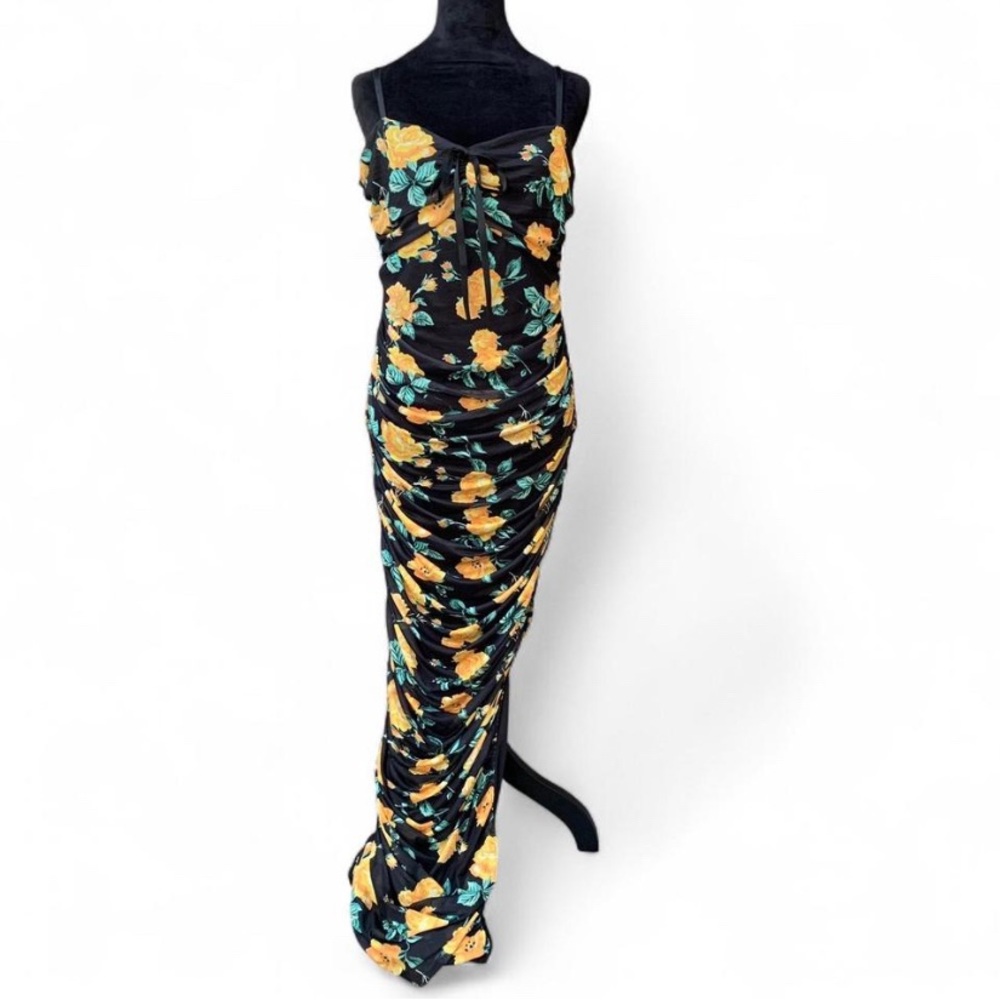 Whimsigoth Dark Romanitc Floral Maxi Column Dress in Black and Yellow